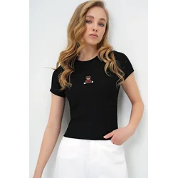 Trend Alacati Stili Ženska bluza kratkih rukava Alc-X13672, Okrugli izrez, Crna