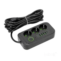 shumee Podaljšek 3 vtičnice + 4xUSB + USB-C 5m z ozemljitvenim kablom 3x1,5 črne barve