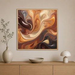 WallXpert uramljena slika na platnu Cc-K-Ah-1018, apstraktni fluidni talasi u braon, karamel i krem tonovima, 60 x 60 cm