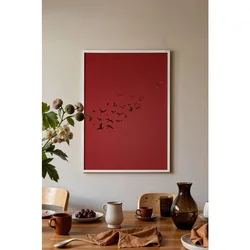 WallXpert uramljena slika 115209, jato crnih ptica na tamnocrvenoj pozadini, 50 x 70 cm, beli ram