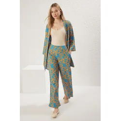 Trendyol Orange Printed Relaxed Cut Flexible Kimono Knitted Bottom-Top Set