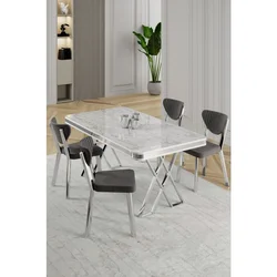 Hanah Home trpezarijski set Raja, sto i 4 stolice, ploča u dekoru belog mermera, hromirane noge, siva tkanina Babyface