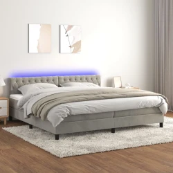 Krevet box spring s madracem LED svjetlosivi 200x200 cm baršun
