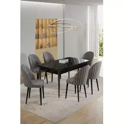 HANAH HOME Rasklopivi trpezarijski sto i stolice (7 delova) Enya Black Marble Grey
