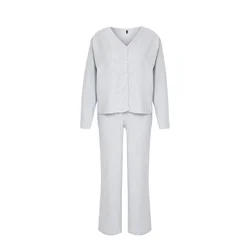 Trendyol Grey Melange Brushed Soft Ribbed Cardigan Knitted Pajama Set