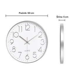 Zidni sat, prečnik 50 cm, beli sa srebrnim ramom