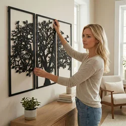 WallXpert metalni zidni ukras 5121, drvo sa pticama u 3 uramljena panela, 75 x 50 cm, crni