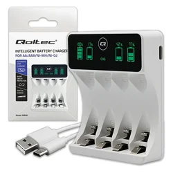 Qoltec Polnilnik za baterije AAA/AA LCD, USB-C, bel