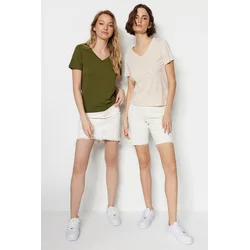 Trendyol Khaki-Beige 100% Cotton 2-Pack Basic V-Neck Knitted T-Shirt