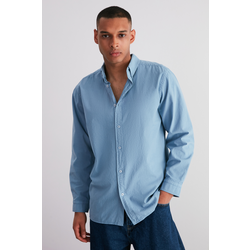 Trendyol Blue Unisex Regular Fit 100% Cotton Linen Look Shirt