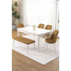Hanah Home trpezarijski set Pir, sto, 4 stolice i klupa, bela ploča, kapućino tkanina Babyface