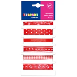 PlayBox: Rdeč satenast trak set z različnimi vzorci, 6-delni set, 1m.