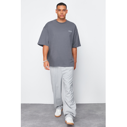 Trendyol Anthracite Oversize 100% Cotton Crew Neck Minimal Text Printed T-Shirt