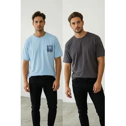 Trendyol muška majica Tmnss25Ts00212, Antracit-Plava / Siva
