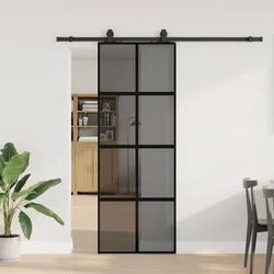 Klizna vrata s priborom crna 76 x 205 cm kaljeno staklo