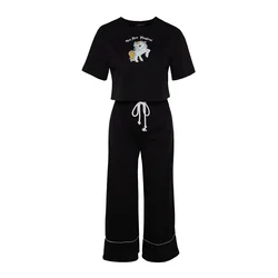 Trendyol Black Cotton Printed T-shirt-Pants Knitted Pajamas Set