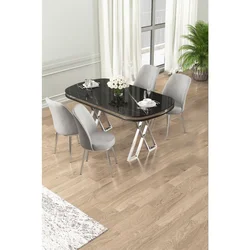 Hanah Home trpezarijski set Lai, sto i 4 stolice, ploča u dekoru Sonata, hromirane noge, siva tkanina Babyface