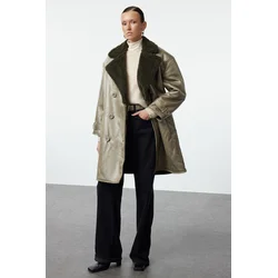 Trendyol Khaki Fur Collar Oversize Long Coat