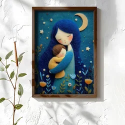 WallXpert uramljena MDF slika NAL035-46, majka grli dete pod mesecom, stil vunene aplikacije, 35,5 x 47 cm