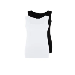 Trendyol Curve Black-White Basic Corded 2-Pack Square Collar Knitted Tank Top