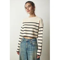 Happiness Istanbul Womens Cream Ribbed Striped Crop Knitwear Sweater