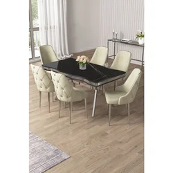 Hanah Home trpezarijski set Vae, sto i 6 stolica, ploča u dekoru Sonata, hromirane noge, krem tkanina Babyface