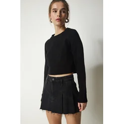 Happiness Istanbul Womens Black Crew Neck Crop Knitwear Sweater