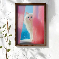 WallXpert uramljena MDF slika NAL064-46, bela mačka viri kroz roze zavese ispred mora, 35,5 x 47 cm