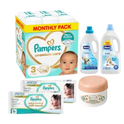 Pampers Pelene Premium Care 3, Monthly, 6-10 kg, 216/1, Chicco sta za prajne veša Sensitive, Pavlovićeva mast, Pampers Vlažne maramice Aqua Soft Touch