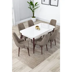 Hanah Home trpezarijski set Lia, sto na razvlačenje i 6 stolica, bela ploča, noge boje oraha, kapućino tkanina Babyface