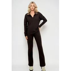 Trend Alaçati Stili Womens Brown Polo Neck Top and Palazzo Pants Knitwear Bottom Top Set