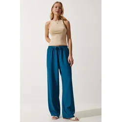 Happiness Istanbul Womens Oil Green Flowy Knitted Palazzo Trousers