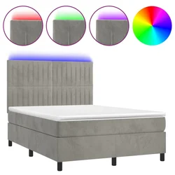 Vidaxl Box spring postelja z vzmetnico LED sv. siva 140x190 cm žamet
