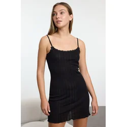 Trendyol Black 100% Cotton Ribbon/Bow Pointel Openwork/Hole Knitted Nightgown