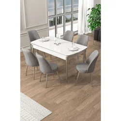 Hanah Home trpezarijski set Pale, sto na razvlačenje i 6 stolica, bela ploča, hromirane noge, siva tkanina Babyface