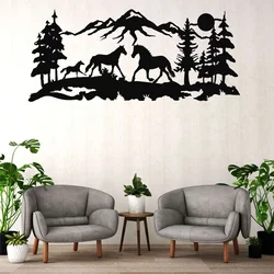 WallXpert metalni zidni ukras 5504, konji u planinskom pejzažu sa šumom, 75 x 33 cm, crni
