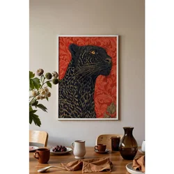 WallXpert uramljena slika 115274, crni leopard na crvenoj pozadini, 30 x 40 cm, beli ram