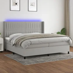 vidaXL Box spring postelja z vzmetnico LED sv. siva 200x200 cm blago