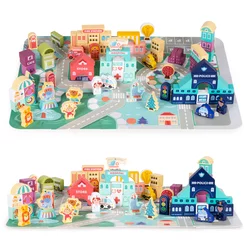ECO TOYS Edukativne drvene kocke CITY set sa podlogom 121kom