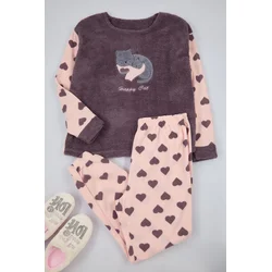 Trendyol Curve Smoked Heart Sleep Band Fleece Knitted Pajama Set