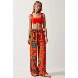 Happiness Istanbul Womens Orange Purple Patterned Flowing Viscose Palazzo Trousers