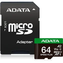 Micro SDXC 64GB A-Data Class 10 + adapter 160/140 MB/s UD64GUI3V30A2SP-RA1