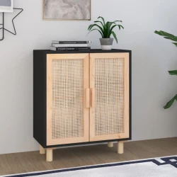 Komoda crna 60 x 30 x 70 cm masivna borovina i prirodni ratan