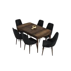 Hanah Home trpezarijski set Kar, sto na razvlačenje i 6 stolica, ploča u dekoru drveta Baroque, crna tkanina Babyface