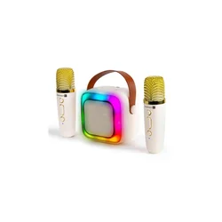 LED RGB zvučnik sa bežičnim mikrofonima (2 mikrofona), 5W/1200 mAh + 2x 400 mAh, krem/zlatna