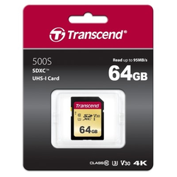 SDXC TRANSCEND 64GB 500S, 95/60MB/s, MLC, C10, UHS-I Speed Class 3 (U3), V30 (TS64GSDC500S)