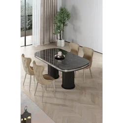 Hanah Home trpezarijski set Galya, sto i 4 stolice, ploča u dekoru crnog mermera, hromirane noge, kapućino tkanina Babyface
