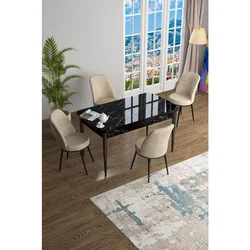 Hanah Home trpezarijski set Han, sto na razvlačenje i 4 stolice, ploča u dekoru crnog mermera, krem tkanina Jerry