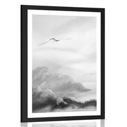 Plakat s paspartujem prelet ptic nad pokrajino v črnobeli varianti - 30x45 silver