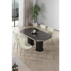 Hanah Home trpezarijski set Galya, sto i 4 stolice, ploča u dekoru crnog mermera, hromirane noge, krem tkanina Babyface